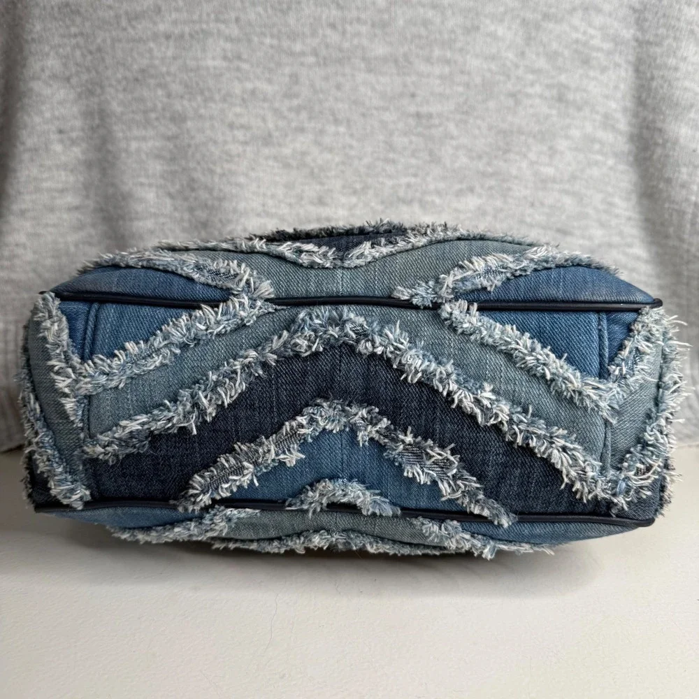 Michael Kors Sloan Large Denim Patchwork Frayed Chevron Shoulder Bag Blue Silver - Picture 8 of 15